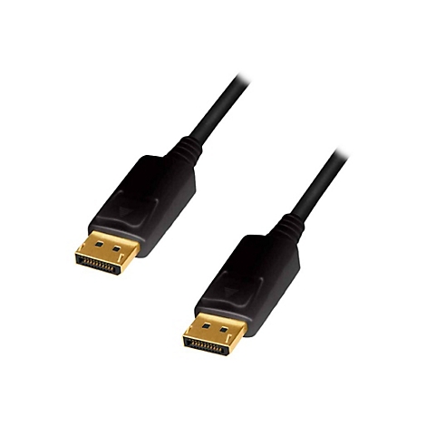 Zwei schwarze DisplayPort-Kabelenden mit goldenen Steckern vor einem weißen Hintergrund.