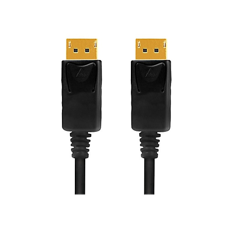 Zwei schwarze DisplayPort-Kabelstecker mit goldenen Anschlüssen vor weißem Hintergrund.