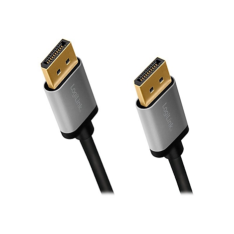 Zwei DisplayPort-Kabelstecker mit goldenen Anschlüssen und grauem Gehäuse mit Logilink-Schriftzug vor weißem Hintergrund.