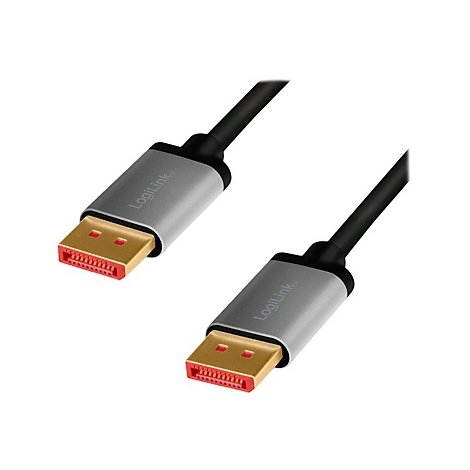 Zwei DisplayPort-Kabelenden mit silbernem Gehäuse, goldenen Anschlüssen und LogiLink-Logo.