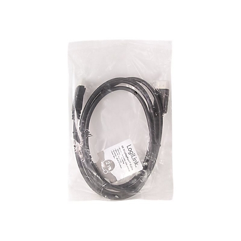 Schwarzes LogiLink 4K DisplayPort-Kabel, zwei Meter lang, in einer transparenten Plastiktüte verpackt.
