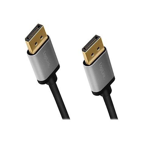 Zwei DisplayPort-Kabelstecker mit goldenen Anschlüssen und grauem Gehäuse mit LogiLink-Schriftzug vor weißem Hintergrund.