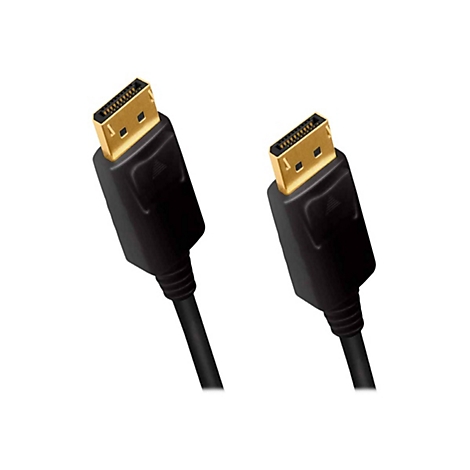 Zwei schwarze DisplayPort-Kabelenden mit goldenen Steckern vor weißem Hintergrund.