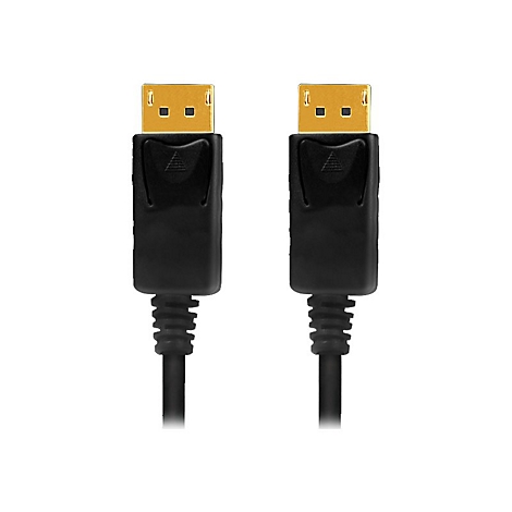 Zwei schwarze DisplayPort-Stecker mit goldenen Anschlüssen vor weißem Hintergrund.