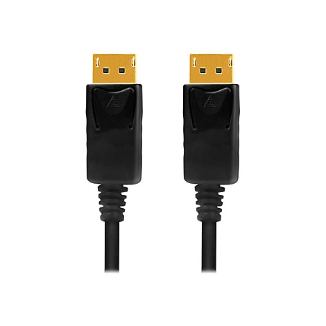 Zwei identische, schwarze DisplayPort-Stecker mit goldenen Anschlüssen vor weißem Hintergrund.