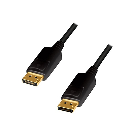 Zwei schwarze DisplayPort-Kabelenden mit goldenen Steckern vor weißem Hintergrund.