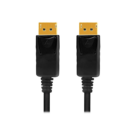 Zwei schwarze DisplayPort-Kabelstecker mit goldenen Anschlüssen vor weißem Hintergrund.