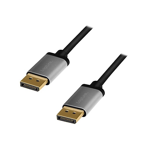 Zwei schwarze DisplayPort-Kabel mit grauen Steckern und goldenen Kontakten, LogiLink-Logo eingeprägt.