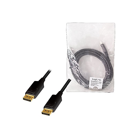 LogiLink 4K DisplayPort-Kabel, 5 Meter lang, in durchsichtiger Kunststoffverpackung mit goldenen Anschlüssen.