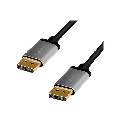 Zwei DisplayPort-Kabelenden mit silbernem Gehäuse und goldenem Stecker vor weißem Hintergrund.