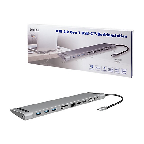 Silberne USB-C Dockingstation, oben und unten mit Kabelanschluss. Auf der Verpackung steht USB 3.2 Gen 1 USB-C Dockingstation.