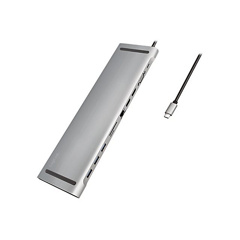 Graue USB-C-Dockingstation mit mehreren AnschlÃ¼ssen und einem daran befestigten Kabel, das auf weiÃŸem Hintergrund liegt.