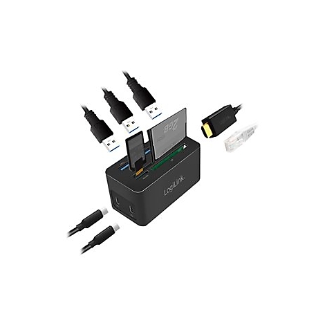 Schwarzer Kartenleser mit SD- und MicroSD-Karte, USB- und NetzwerkanschlÃ¼ssen.