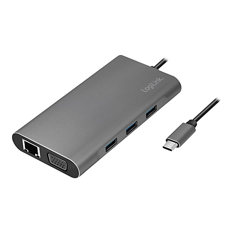 Grauer LogiLink USB-C-Hub mit mehreren AnschlÃ¼ssen, Netzwerkkabel und USB-C-Anschlusskabel.