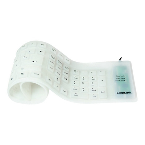 Eine aufgerollte, weiße Silikon-Tastatur von LogiLink vor weißem Hintergrund.