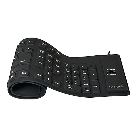 Eine aufgerollte, schwarze Silikon-Tastatur von LogiLink vor weißem Hintergrund.