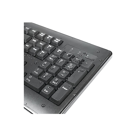 Nahaufnahme einer schwarzen Tastatur mit Wassertropfen. Zahlen 1-9 und andere Funktionstasten sind zu sehen.