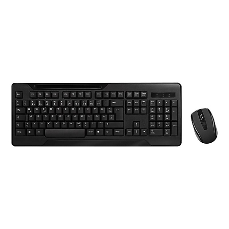 Schwarze Tastatur und Maus auf weißem Hintergrund. Die Tastatur hat eine Standard-Tastenanordnung mit Ziffernblock. Die Maus ist drahtlos.