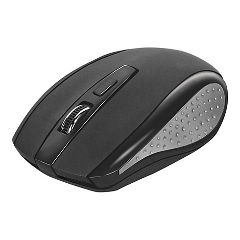 Schwarze Computermaus mit Scrollrad, DPI-Taste und silberfarbenem Daumenbereich.