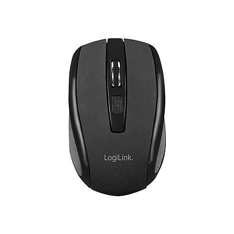 Drahtlose Computermaus, schwarz-grau. Scrollrad, Logo, zwei Tasten. Der Maus-Body ist ergonomisch geformt.