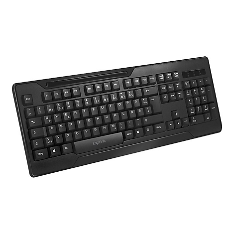 Schwarze Computertastatur mit deutschen Tastaturbelegungen und LogiLink-Logo.