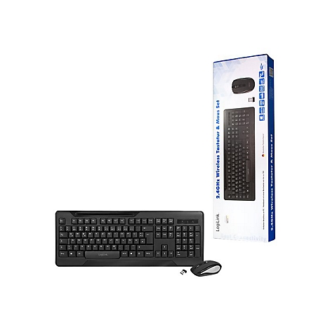 Schwarzes Wireless Tastatur- und Maus-Set auf weißem Hintergrund, die Verpackung ist rechts daneben.