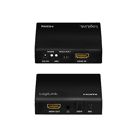 LogiLink HDMI-Audio-Extraktor mit Anschlüssen für HDMI In/Out, DC/5V, ARC, Kopfhörer und SPDIF auf schwarzem Gehäuse.