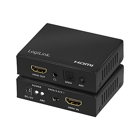 Schwarzer LogiLink HDMI-Audio-Extraktor mit verschiedenen Anschlüssen auf weißem Hintergrund.