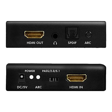 Rückseite eines schwarzen HDMI-Audio-Extraktors mit Anschlüssen für HDMI, Audio, SPDIF und Strom.
