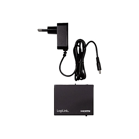 Schwarze LogiLink HDMI-Box mit Netzteil vor weißem Hintergrund.
