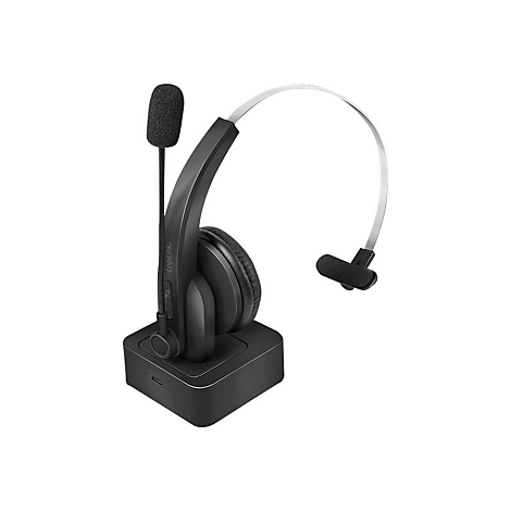 Schwarzes Mono-Headset von LogiLink auf einer quadratischen Ladestation vor weißem Hintergrund.