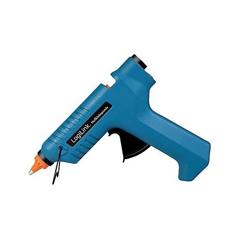 Blaue HeiÃŸklebepistole mit LogiLink-Aufdruck. Schwarzer Griff, orange Spitze.