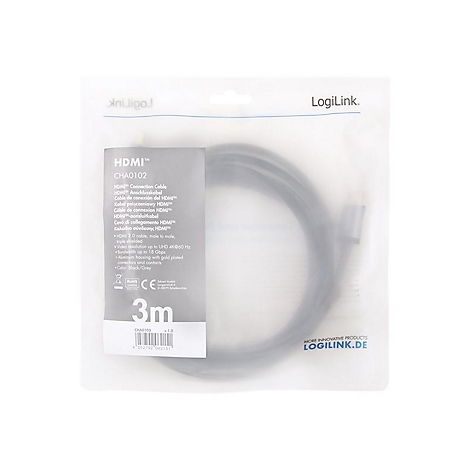 LogiLink HDMI-Kabel, 3 Meter lang, verpackt in einer durchsichtigen Kunststoffhülle.