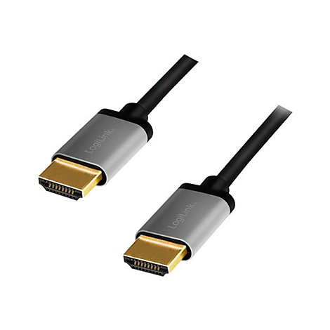 Zwei HDMI-Stecker mit goldenen Anschlüssen und grauem Gehäuse mit LogiLink-Logo an schwarzen Kabeln.