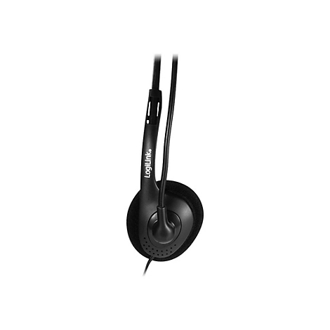 Nahaufnahme eines schwarzen LogiLink-Headsets mit Ohrpolster und Markenlogo auf dem Bügel.