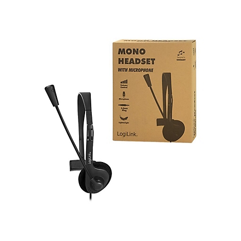 Schwarzes Mono-Headset mit Mikrofon neben der zugehörigen braunen Produktverpackung aus Karton.
