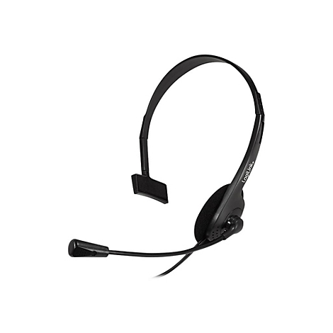 Schwarzes einseitiges LogiLink Headset mit verstellbarem Kopfbügel und Mikrofonarm vor weißem Hintergrund.