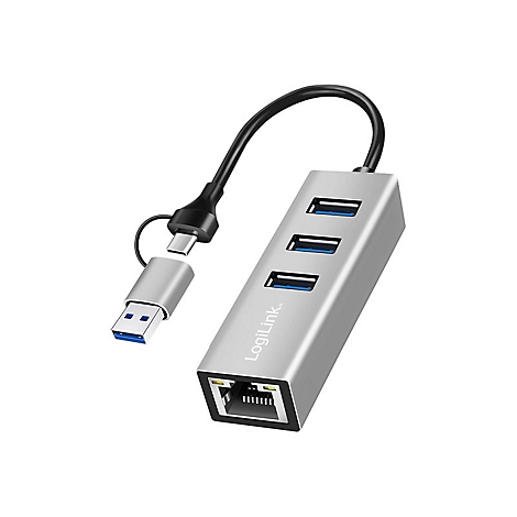 LogiLink USB-Hub mit drei USB-A-Anschlüssen, Ethernet-Port und USB-C- zu USB-A-Adapter.