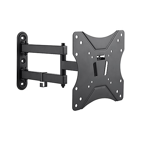 Schwarze TV-Wandhalterung mit schwenkbarem Arm und Montageplatte. LÃ¶cher fÃ¼r die Wandbefestigung.