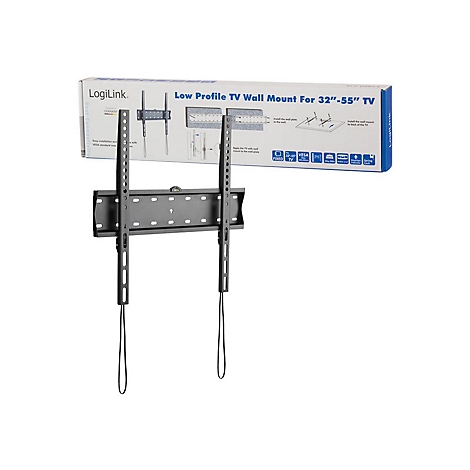 Eine schwarze TV-Wandhalterung mit Kabeln, die vor einer Produktbox platziert ist. Auf der Box steht LogiLink und Low Profile TV Wall Mount.