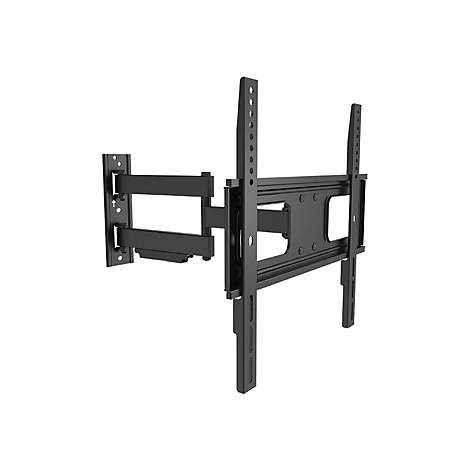 Schwarze TV-Halterung vor weiÃŸem Hintergrund. Bestehend aus Wandhalterung, Armen und Halterung fÃ¼r den Bildschirm.