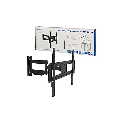 Schwarze TV-Wandhalterung, daneben die Verpackung mit Produktbeschreibung.