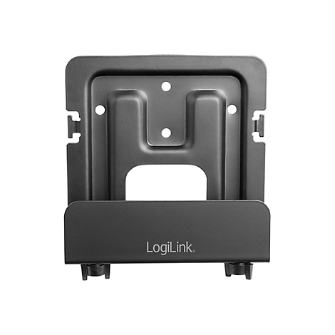 Schwarze Metallhalterung mit dem Schriftzug LogiLink. Sie hat LÃ¶cher und Haken.