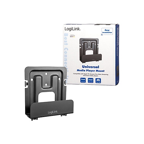 Schwarze Halterung fÃ¼r Media Player und Karton, die Beschriftung LogiLink und Universal Media Player Mount enthÃ¤lt.