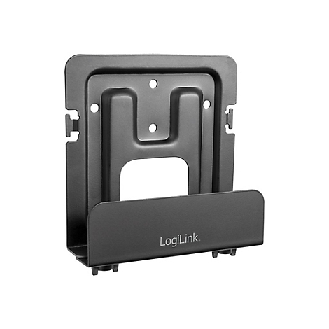 Schwarzer LogiLink Wandhalter. Der Halter hat eine rechteckige Form mit Aussparungen und dem Schriftzug LogiLink.