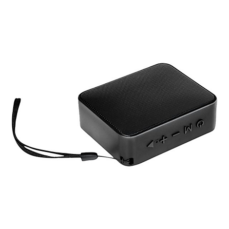 Schwarzer, rechteckiger Bluetooth-Lautsprecher mit Bedienelementen und Handschlaufe. Gitter auf der Oberseite.