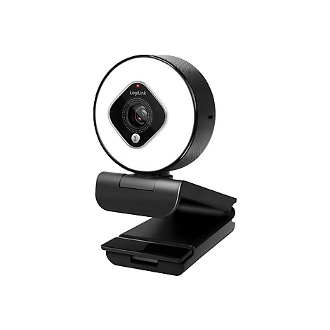 Schwarze Webcam mit LED-Licht, die auf einem weiÃŸen Hintergrund befestigt ist.