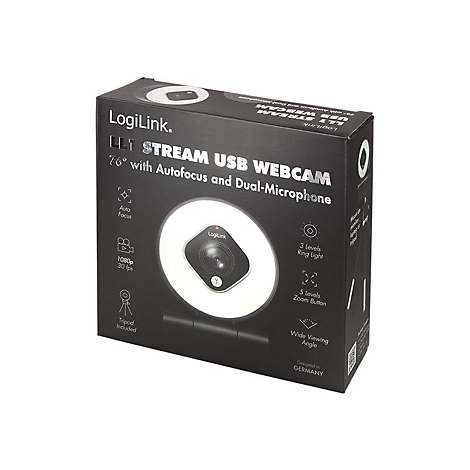 Eine schwarze Webcam-Verpackung mit Text: LogiLink, Stream USB Webcam, Autofokus, Dual-Mikrofon. Mit Ringleuchte und Stativ.