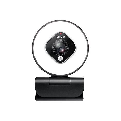 Webcam mit schwarzem GehÃ¤use und weiÃŸem Leuchtring, Logo LogiLink, rotes Licht, auf weiÃŸem Hintergrund.