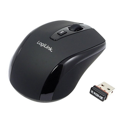 Drahtlose schwarze Maus mit dem Logo "LogiLink" und einem USB-Empfänger. Auf dem Empfänger steht "2.4GHz".
